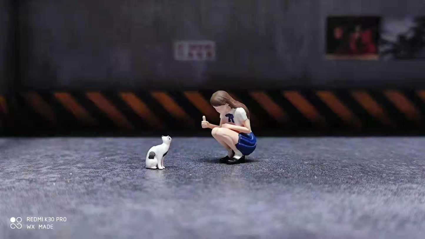 Wx-Made 1/64 Scale Figurines Model Girl with Ham Stray Cat Collection Miniature Hand-painted