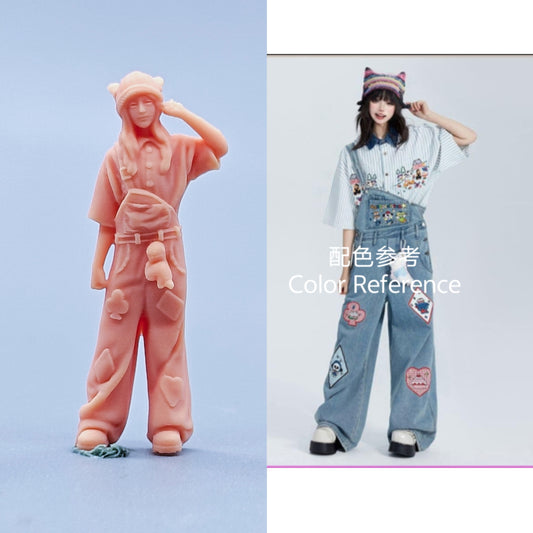 1/64 1/43 Figurines Scale Model Resin Girls Wearing Hats and Workwear Uncolored Miniatures Diorama Hand-painted C419
