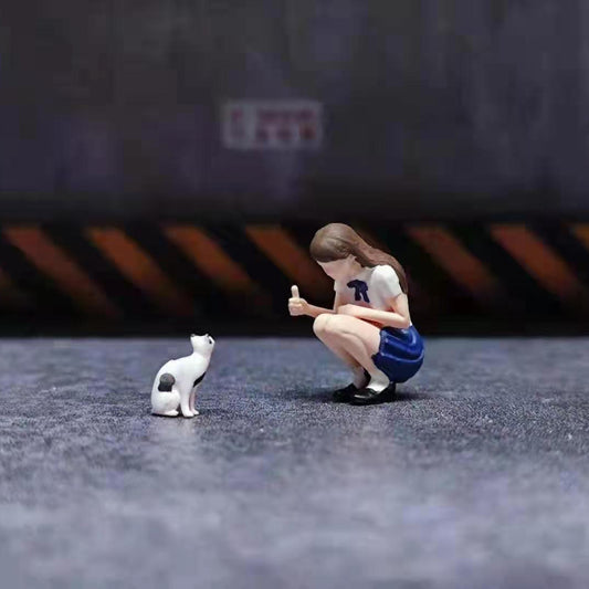 Wx-Made 1/64  Scale Figurines Model Girl with Ham Stray Cat Collection Miniature Hand-painted