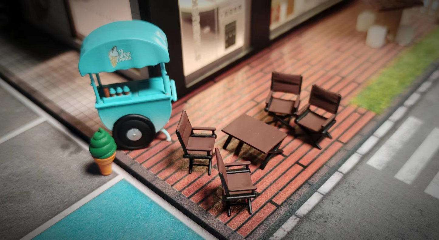 Wx-Made 1/64 Scale Figurines Model Ice Cream Truck and Outdoor Seat Set Collection Miniature Hand-painted