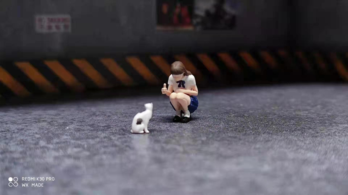 Wx-Made 1/64 Scale Figurines Model Girl with Ham Stray Cat Collection Miniature Hand-painted
