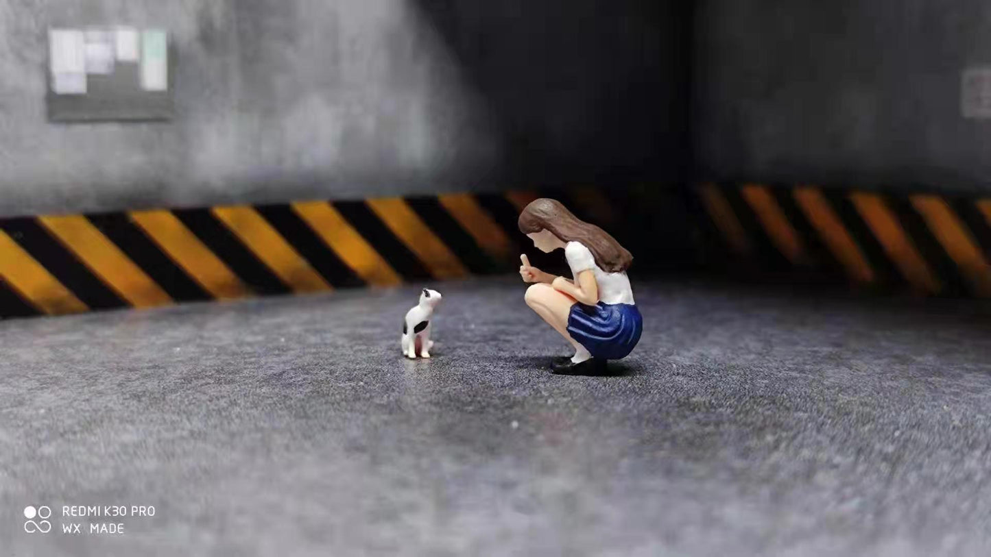 Wx-Made 1/64 Scale Figurines Model Girl with Ham Stray Cat Collection Miniature Hand-painted