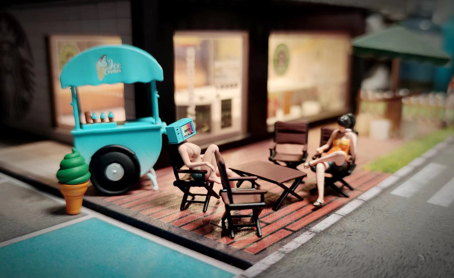 Wx-Made 1/64 Scale Figurines Model Ice Cream Truck and Outdoor Seat Set Collection Miniature Hand-painted