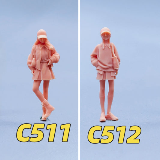 1/64 1/43 Figurines Scale Model Resin High School Student with Curly Hair and Twin Braids Uncolored Miniatures Diorama Hand-painted C511 C512