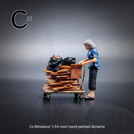 Cx Miniatures Diorama 1/64 Scale Figurines Model The Old Lady Who Collects Garbage Collection Hand-painted