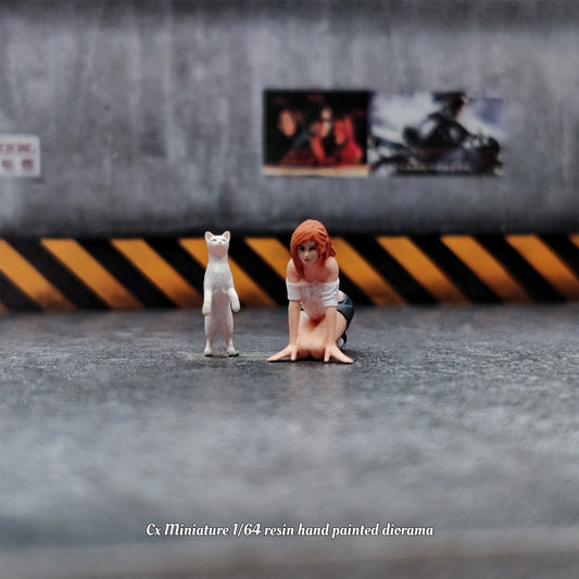 Cx Miniatures Diorama 1/64 Scale Figurines Model Cat Teasing Girl 01 Realistic Characters Collection Hand-painted