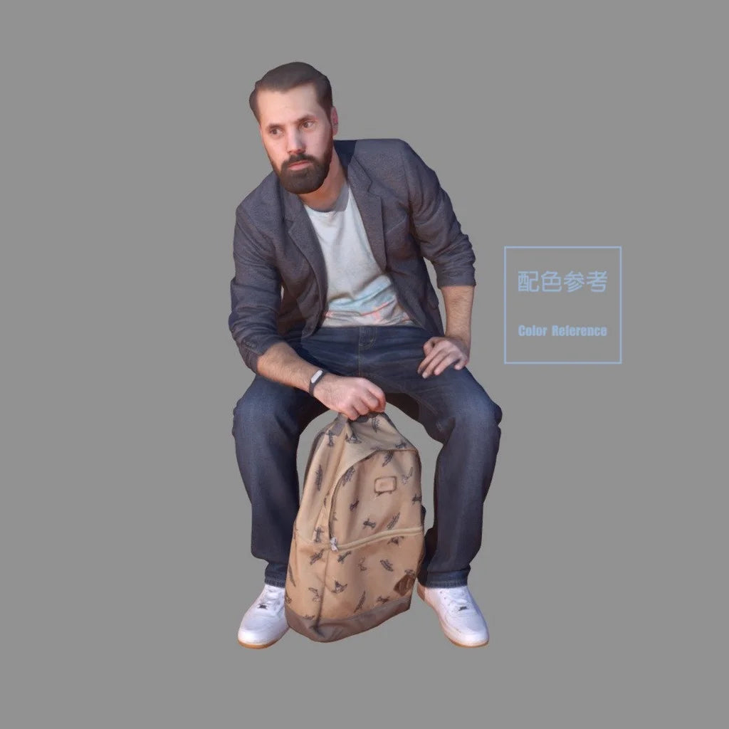 1/64 1/43 Scale Model ResinBearded Sitting Man with Backpack Uncolored Miniature Diorama Hand-painted S836