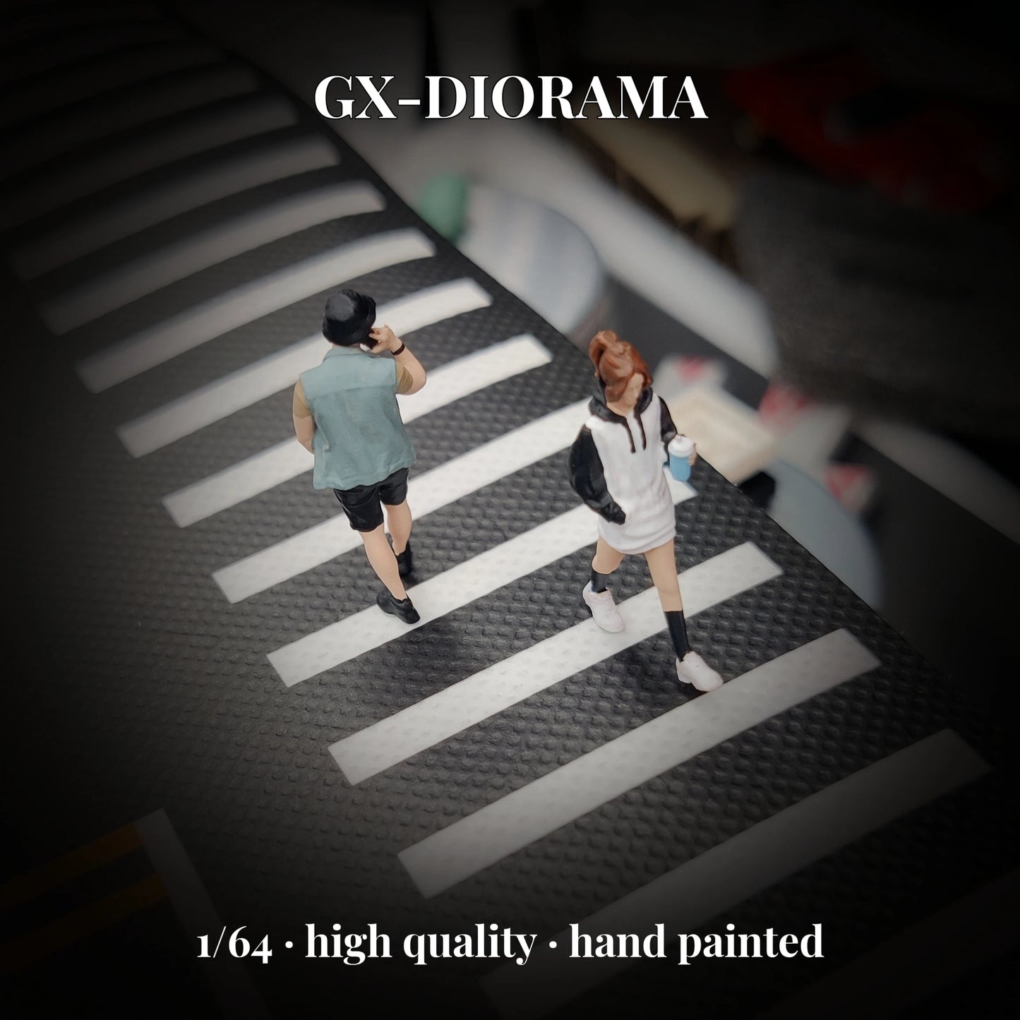 GX-DIORAMA Diorama 1/64 Scale Figurines Model Coffee Girl Fisherman Hat Man Brushes Past Collection Miniature Hand-painted