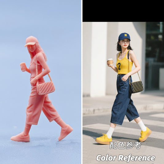 1/64 1/43 Figurines Scale Model Resin Walking Posture Wearing Hat Drinking Coffee Woman Uncolored Miniatures Diorama Hand-painted D702