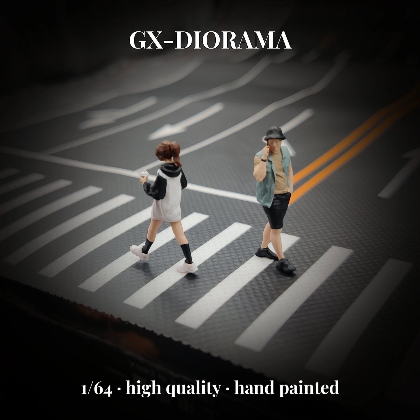 GX-DIORAMA Diorama 1/64 Scale Figurines Model Coffee Girl Fisherman Hat Man Brushes Past Collection Miniature Hand-painted