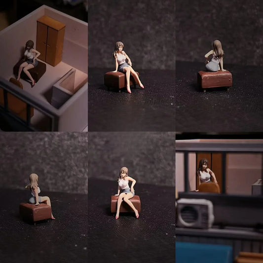 LP.Mini World Diorama 1/64 Scale Figurines Model Sitting Girl Collection Miniature Hand-painted