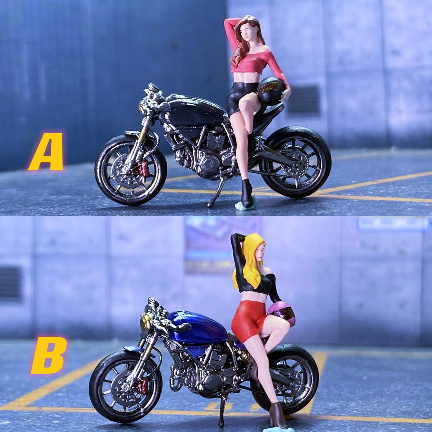 EHC Model 1/64 Puppet Sexy Female Cyclist+Ducati Motorcycle SCRAMBLER Realistic Character Series