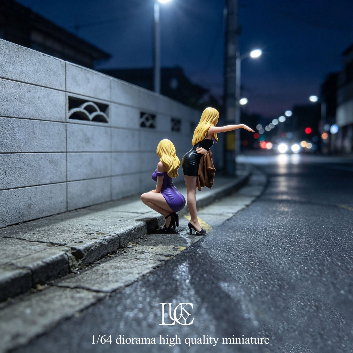 Lucky Studio 1/64 Scale Figurines Model Girls Hitting Cars At Night Duo Collection Miniature Hand-painted