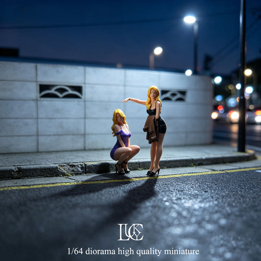 Lucky Studio 1/64 Scale Figurines Model Girls Hitting Cars At Night Duo Collection Miniature Hand-painted